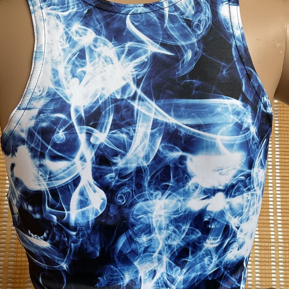 LIMITED M Black Milk Dark Places Blue Smoke Faces Reversible Scoop Skater Dress - Picture 4 of 12